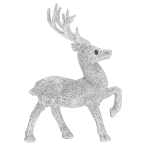 Srebrny brokatowy renifer 13 cm w pełnej sylwetce. Elegancka figurka świąteczna o błyszczącej powierzchni, doskonale odbijająca światło, idealna do bożonarodzeniowych dekoracji.