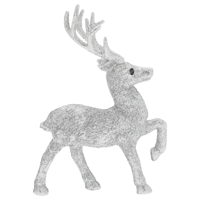 Srebrny brokatowy renifer 13 cm w pełnej sylwetce. Elegancka figurka świąteczna o błyszczącej powierzchni, doskonale odbijająca światło, idealna do bożonarodzeniowych dekoracji.
