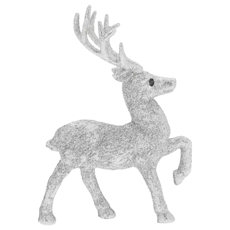 Srebrny brokatowy renifer 13 cm w pełnej sylwetce. Elegancka figurka świąteczna o błyszczącej powierzchni, doskonale odbijająca światło, idealna do bożonarodzeniowych dekoracji.