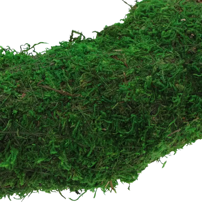 Detailowy widok na zieloną część wianka pokrytą mchem, ukazujący intensywny kolor oraz miękką fakturę naturalnego wykończenia.