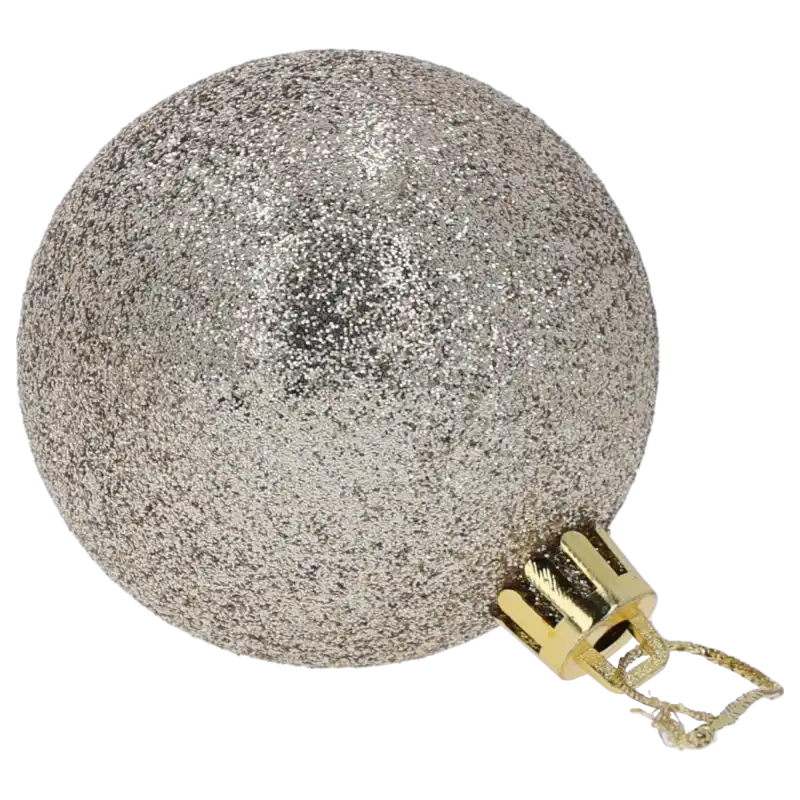 Brokatowa bombka choinkowa o średnicy 6 cm w odcieniu szampańskim. Powierzchnia ozdoby jest gęsto pokryta drobinkami, które efektownie odbijają światło.