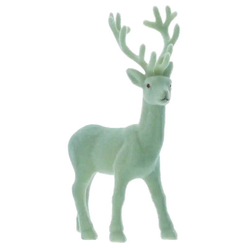 Miętowy flokowany renifer o wysokości 20 cm w pozycji stojącej. Figurka wyróżnia się charakterystyczną, aksamitną teksturą oraz precyzyjnie wykonanym porożem, stanowiąc estetyczny element świątecznych dekoracji.