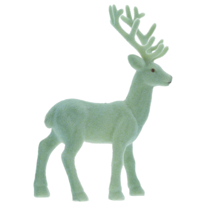 Figurka renifera w miętowym kolorze, flokowana powierzchnia, widok z boku. Elegancka ozdoba o wysokości 20 cm, która doskonale uzupełni zimowe stroiki oraz kompozycje na świątecznym stole.