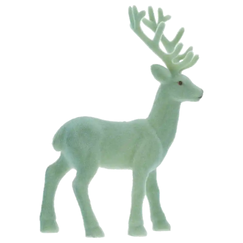 Figurka renifera w miętowym kolorze, flokowana powierzchnia, widok z boku. Elegancka ozdoba o wysokości 20 cm, która doskonale uzupełni zimowe stroiki oraz kompozycje na świątecznym stole.