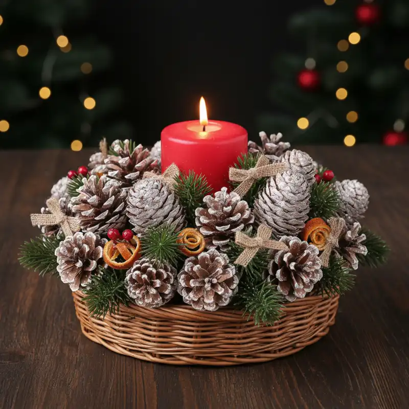 Świąteczny stroik z czerwoną świecą, gałązkami igliwia i bielonymi szyszkami Decorum. Dekoracja umieszczona w wiklinowym koszyku na ciemnym, drewnianym podłożu.