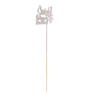 Widok z oddali na biały topper z brokatem umieszczony na smukłym, długim piku. Prosta forma dekoracji świątecznej do aranżacji DIY i kwiatów.