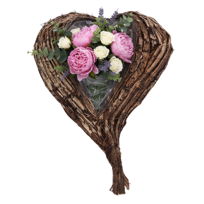 Złota osłonka z kory w kształcie serca 60 cm – dekoracja florystyczna idealna do bukietów, stroików, aranżacji nagrobnych, walentynkowych, ślubnych i sezonowych. Trwała konstrukcja z folią do kwiatów świeżych lub sztucznych.
