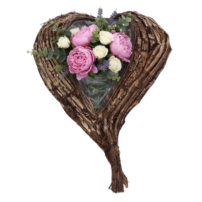 Złota osłonka z kory w kształcie serca 60 cm – dekoracja florystyczna idealna do bukietów, stroików, aranżacji nagrobnych, walentynkowych, ślubnych i sezonowych. Trwała konstrukcja z folią do kwiatów świeżych lub sztucznych.