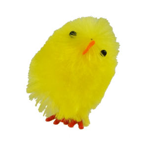 Prezentacja pojedynczego kurczaczka o wysokości 4 cm, wyeksponowanego na czystym białym tle.