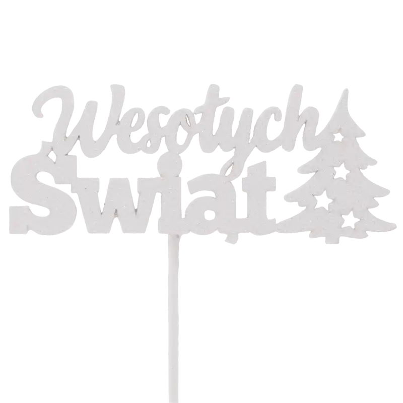 Biały topper Wesołych Świąt z brokatem na piku, idealne ozdoby na piku do świątecznych kompozycji i prezentów.