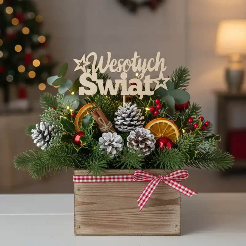 Zastosowanie toppera Wesołych Świąt w świątecznej kompozycji florystycznej ze świerkiem, szyszkami i plastrami suszonej pomarańczy.