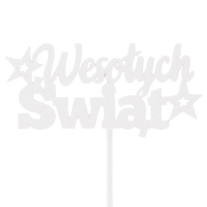 Biały drewniany topper Wesołych Świąt z brokatem to elegancka dekoracja na piku, która pięknie odbija światło w świątecznych stroikach i bukietach.