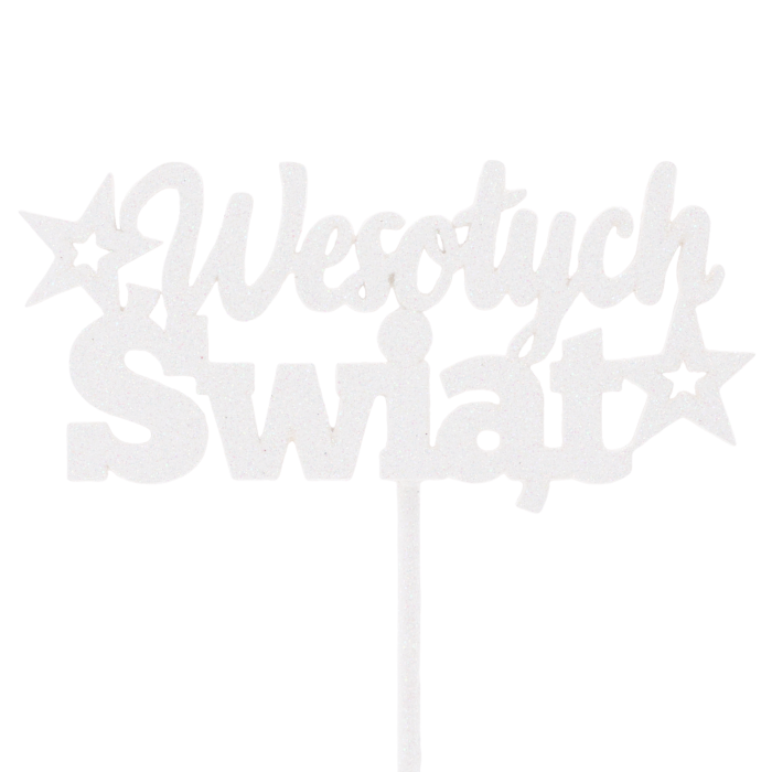 Biały drewniany topper Wesołych Świąt z brokatem to elegancka dekoracja na piku, która pięknie odbija światło w świątecznych stroikach i bukietach.
