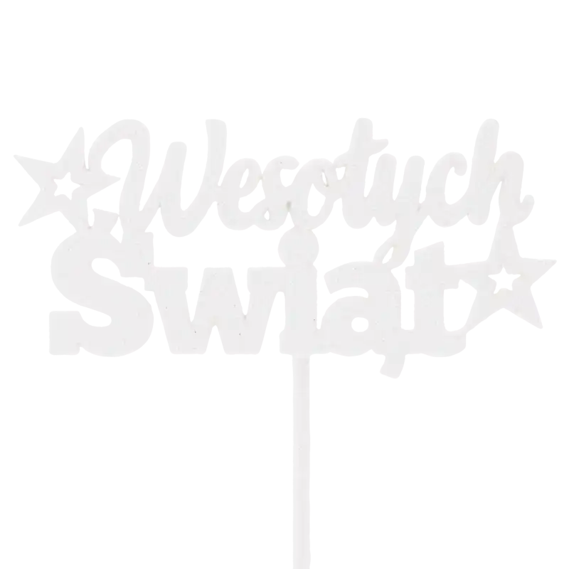 Biały drewniany topper Wesołych Świąt z brokatem to elegancka dekoracja na piku, która pięknie odbija światło w świątecznych stroikach i bukietach.