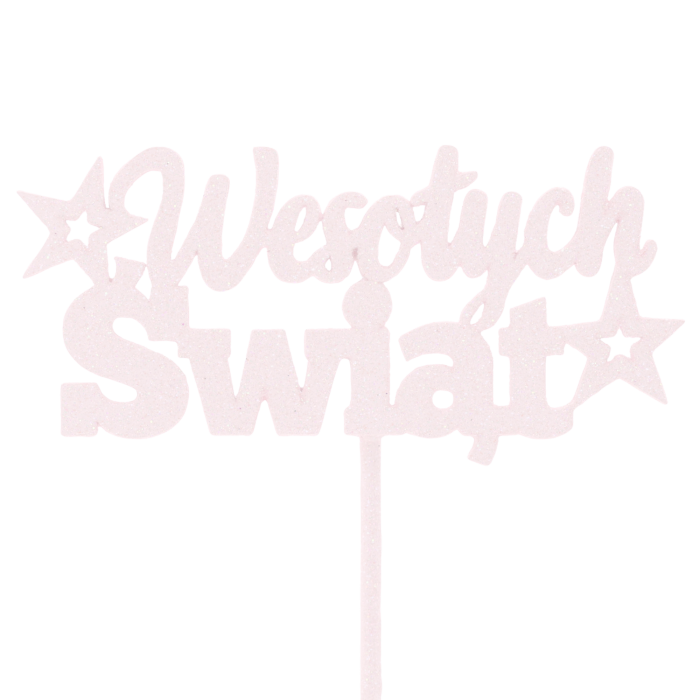 Różowy topper Wesołych Świąt z brokatem to ozdoba na piku o wymiarach 0x0x0 cm, idealna do dekoracji świątecznych stroików i prezentów w stylu glamour.