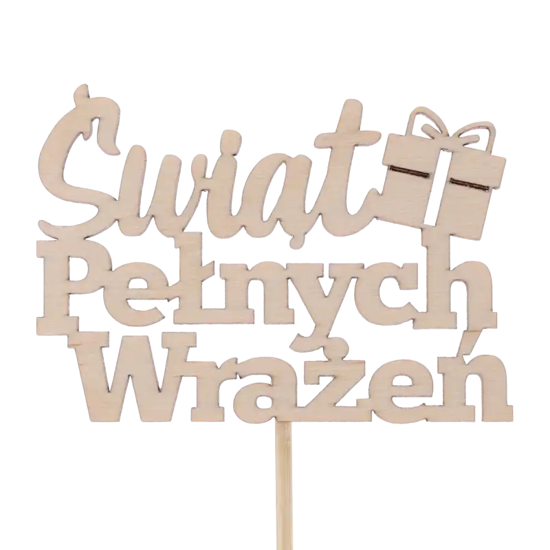 Naturalny topper Świąt Pełnych Wrażeń wykonany z drewna, eleganckie ozdoby na piku do prezentów i stroików świątecznych.