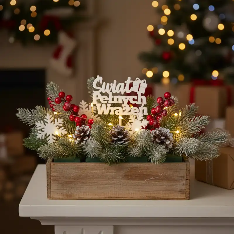 Kremowy topper z napisem Świąt Pełnych Wrażeń wkomponowany w świąteczny stroik w drewnianej skrzynce z gałązkami i szyszkami.