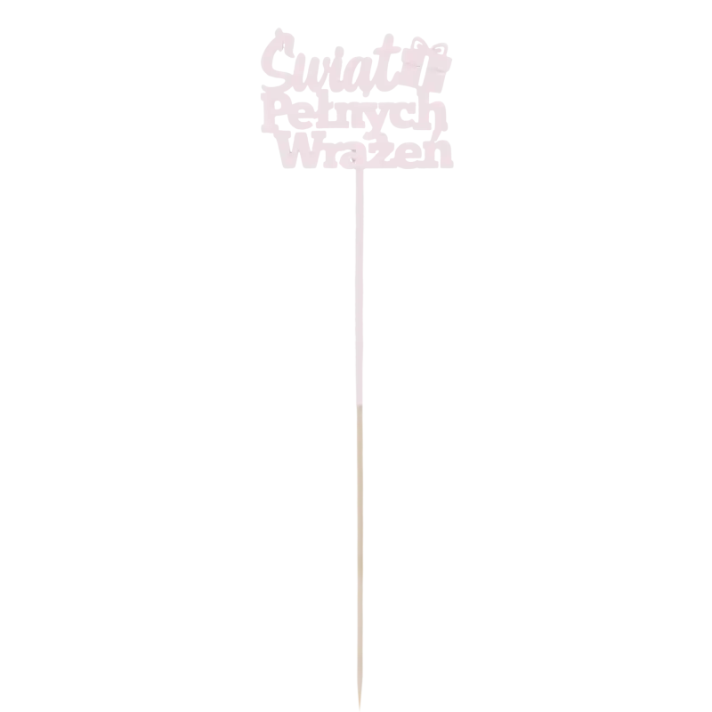 Cały topper z napisem w kolorze różowym z brokatem, osadzony na długim patyczku ułatwiającym montaż w dowolnej kompozycji.