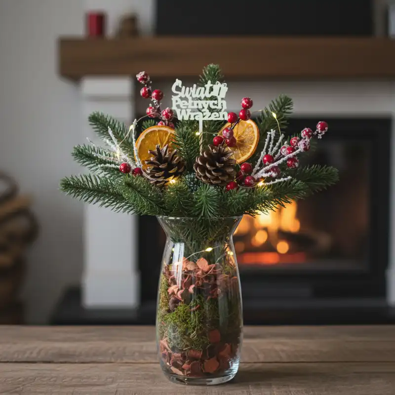 Zielony topper Świąt Pełnych Wrażeń z wyraźnym detalem brokatowej faktury, idealny akcent do personalizacji zimowych aranżacji bożonarodzeniowych.