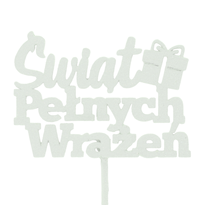 Zielony topper Świąt Pełnych Wrażeń z brokatowym wykończeniem umieszczony w świątecznej kompozycji z gałązkami, szyszkami i suszonymi pomarańczami w szklanym wazonie.