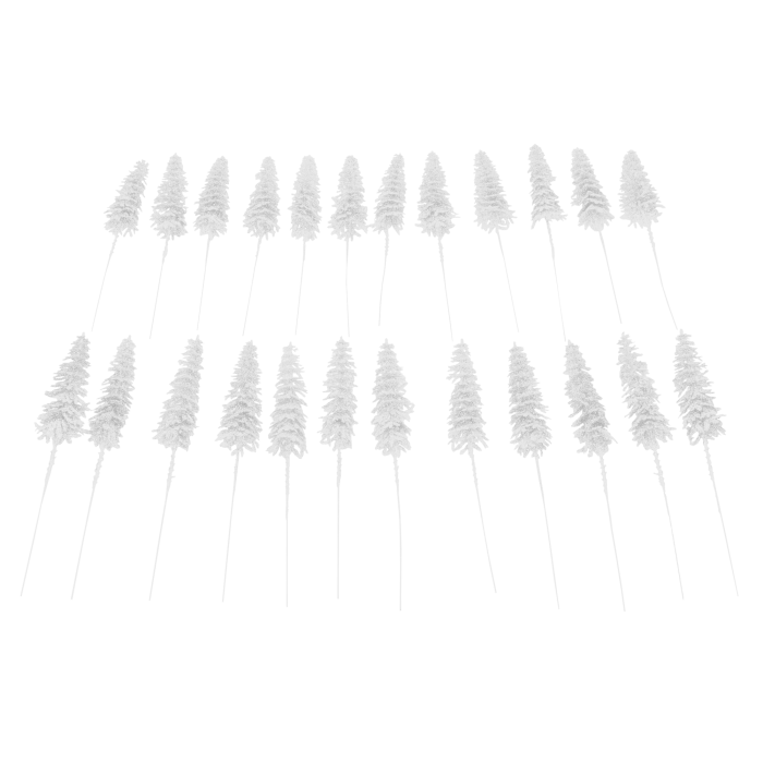 Zestaw 24 sztuk białych choinek na piku o wysokości 28 cm. Dekoracje świąteczne pokryte brokatem do kompozycji florystycznych.