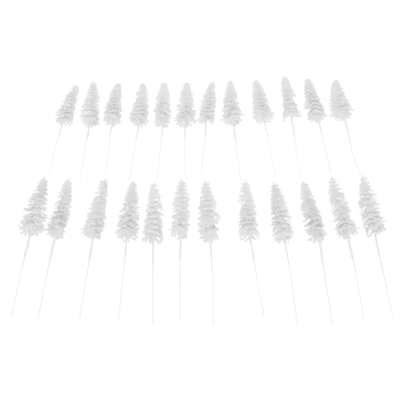 Zestaw 24 sztuk białych choinek na piku o wysokości 28 cm. Dekoracje świąteczne pokryte brokatem do kompozycji florystycznych.