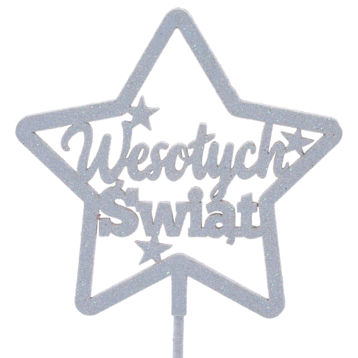 Niebieski brokatowy topper gwiazdka z napisem Wesołych Świąt. Dekoracyjna ozdoba na piku idealna do stroików bożonarodzeniowych, charakteryzująca się eleganckim wykończeniem i czytelnym napisem świątecznym.