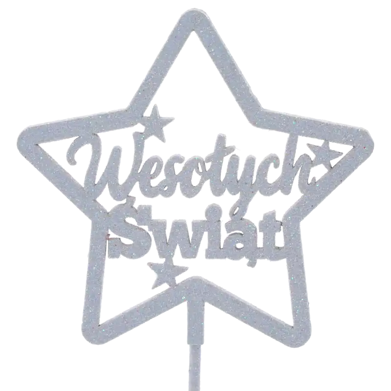 Niebieski brokatowy topper gwiazdka z napisem Wesołych Świąt. Dekoracyjna ozdoba na piku idealna do stroików bożonarodzeniowych, charakteryzująca się eleganckim wykończeniem i czytelnym napisem świątecznym.