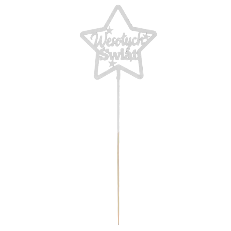Pionowe ujęcie białego toppera w kształcie gwiazdki z napisem Wesołych Świąt na drewnianym piku. Dekoracja świąteczna o całkowitej wysokości 38 cm.