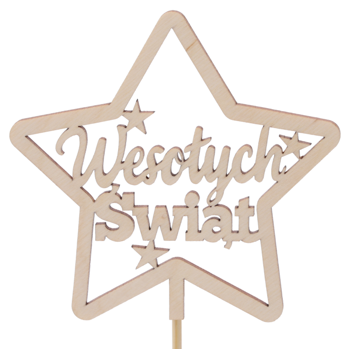 Zbliżenie na drewniany topper gwiazdka Wesołych Świąt o wymiarach 10x10 cm, idealny jako ozdoba na piku do stroików.