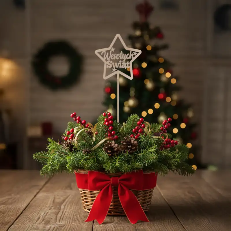 Drewniany topper gwiazdka Wesołych Świąt 38 cm umieszczony w świątecznym stroiku z gałązek igliwia i czerwonych owoców.