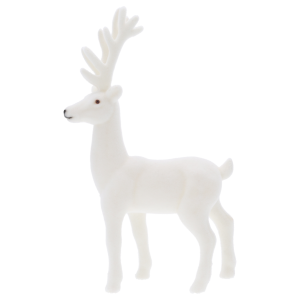 Biały flokowany renifer 32x15 cm to elegancka figurka świąteczna o nowoczesnym designie, idealna do aranżacji stołów i półek.