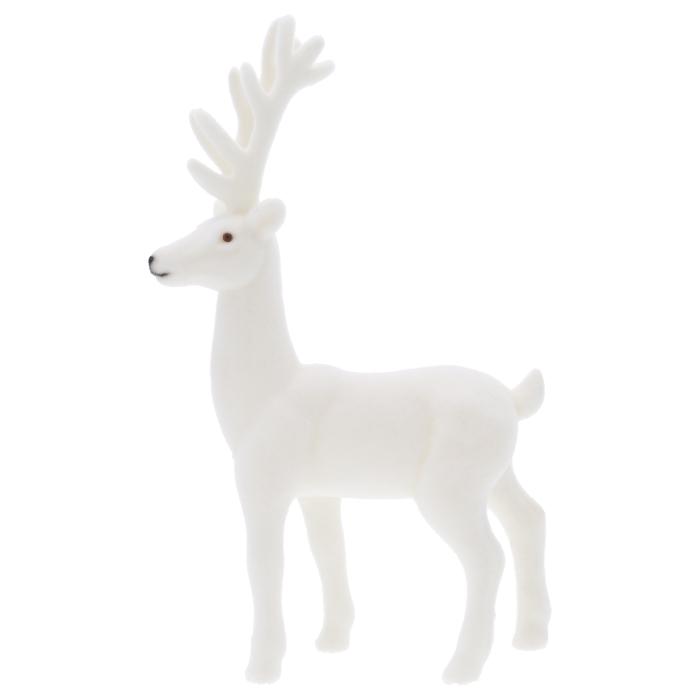 Biały flokowany renifer 32x15 cm to elegancka figurka świąteczna o nowoczesnym designie, idealna do aranżacji stołów i półek.