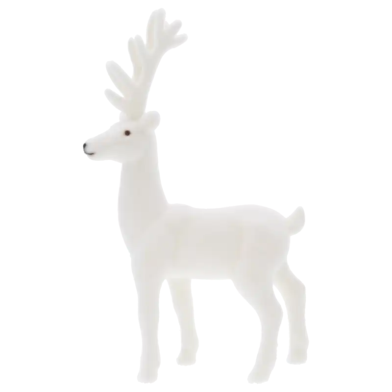 Biały flokowany renifer 32x15 cm to elegancka figurka świąteczna o nowoczesnym designie, idealna do aranżacji stołów i półek.