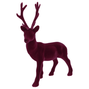Figurka renifera w kolorze burgundowym, ujęcie typu półprofil z widocznymi rogami. Welurowa faktura dekoracji podkreśla jej elegancki charakter w świątecznej odsłonie.