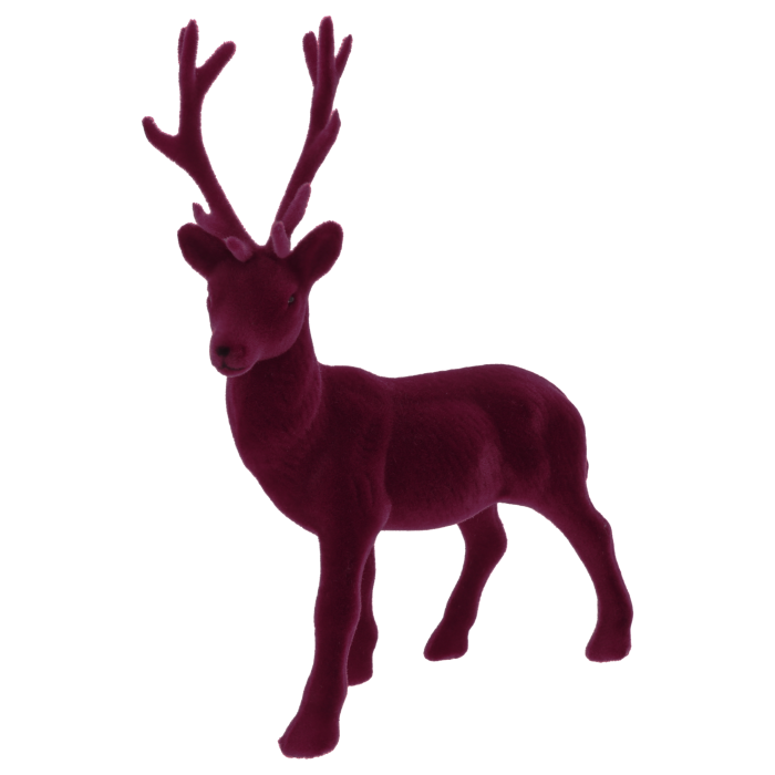 Figurka renifera w kolorze burgundowym, ujęcie typu półprofil z widocznymi rogami. Welurowa faktura dekoracji podkreśla jej elegancki charakter w świątecznej odsłonie.