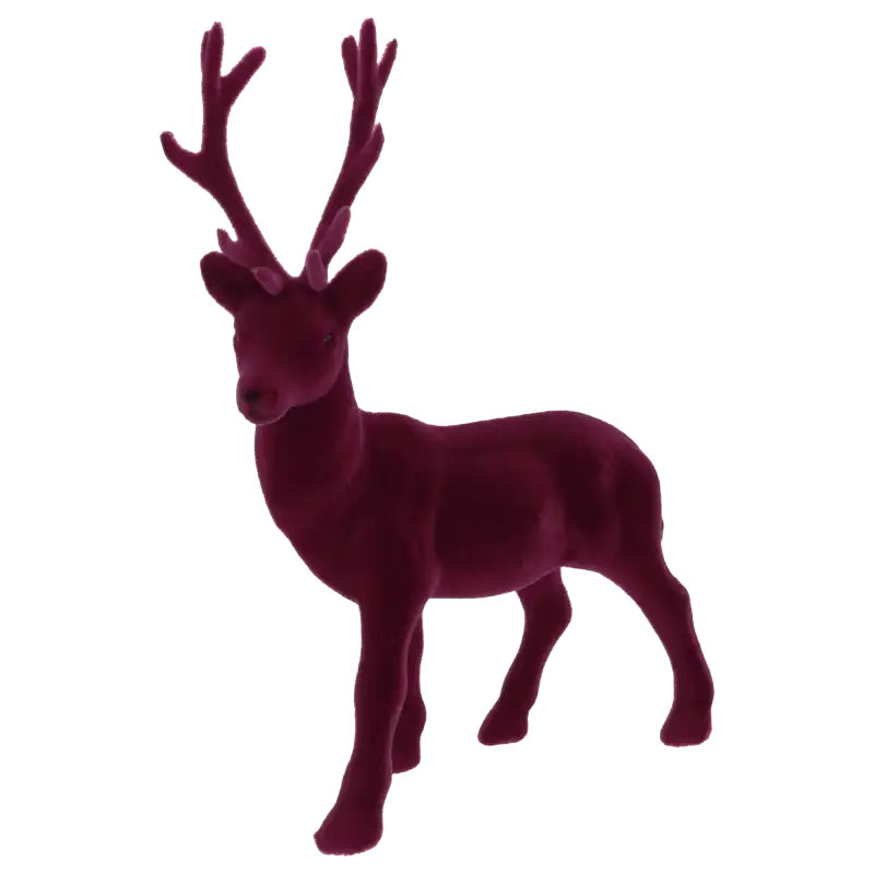 Figurka renifera w kolorze burgundowym, ujęcie typu półprofil z widocznymi rogami. Welurowa faktura dekoracji podkreśla jej elegancki charakter w świątecznej odsłonie.