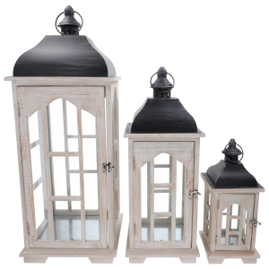 Komplet lampionów 3 szt. wykonany z drewna, metalu i szkła. Elegancki zestaw dekoracyjny w różnych rozmiarach do domu i ogrodu.