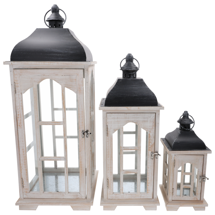 Komplet lampionów 3 szt. wykonany z drewna, metalu i szkła. Elegancki zestaw dekoracyjny w różnych rozmiarach do domu i ogrodu.