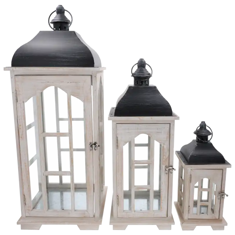 Komplet lampionów 3 szt. wykonany z drewna, metalu i szkła. Elegancki zestaw dekoracyjny w różnych rozmiarach do domu i ogrodu.
