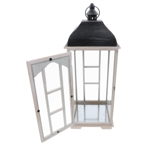 Pojedynczy lampion drewniany z otwartymi drzwiczkami i czarnym metalowym dachem. Widoczny mechanizm zamykania i wnętrze.