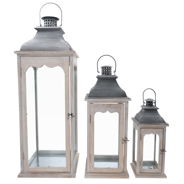 Zestaw 3 lampionów drewnianych 26x26x73/80 cm z metalowym dachem i szklanymi szybami. Elegancki komplet dekoracyjny do wnętrz.