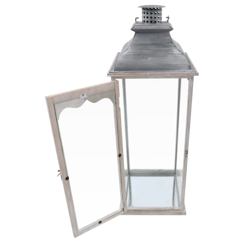 Pojedynczy lampion drewniany z otwartymi szklanymi drzwiczkami, ukazujący metalową podstawę wewnątrz konstrukcji.