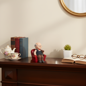 Figurka dziadka w fotelu zaaranżowana na komodzie obok książek i filiżanki. Inspiracja na stylową dekorację wnętrza z użyciem figurek z tworzywa.