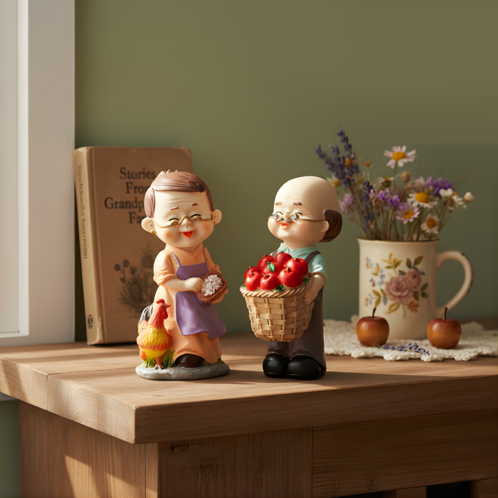 Figurka babcia z kurą zestawiona obok figurki dziadka z koszem jabłek na drewnianym blacie. Całość tworzy przytulną aranżację tematyczną, uzupełnioną wazonem z polnymi kwiatami i książką.