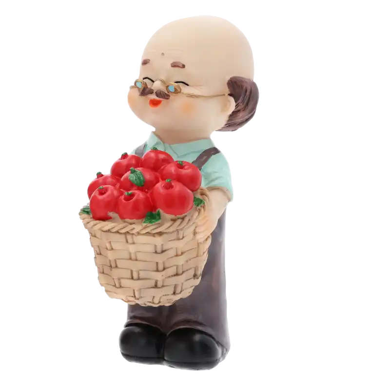 Figurka dziadek z koszem jabłek o wysokości 15 cm, prezentująca starszego pana w okularach, doskonała jako dekoracja okolicznościowa.