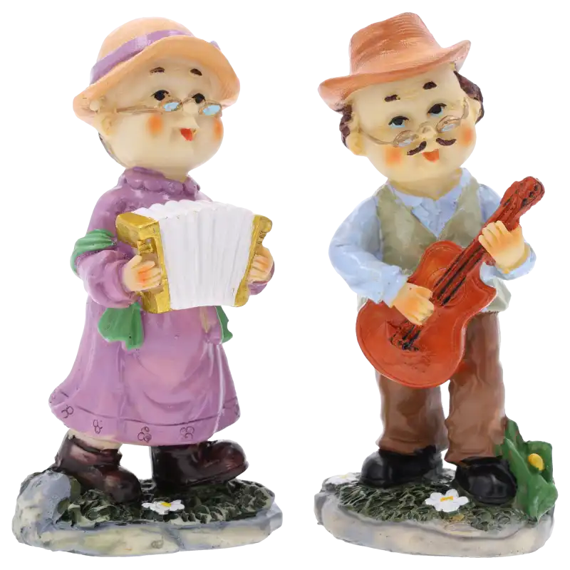 Komplet dwóch dekoracyjnych figurek przedstawiających babcię z akordeonem i dziadka z gitarą. Urocza ozdoba na prezent lub tort.