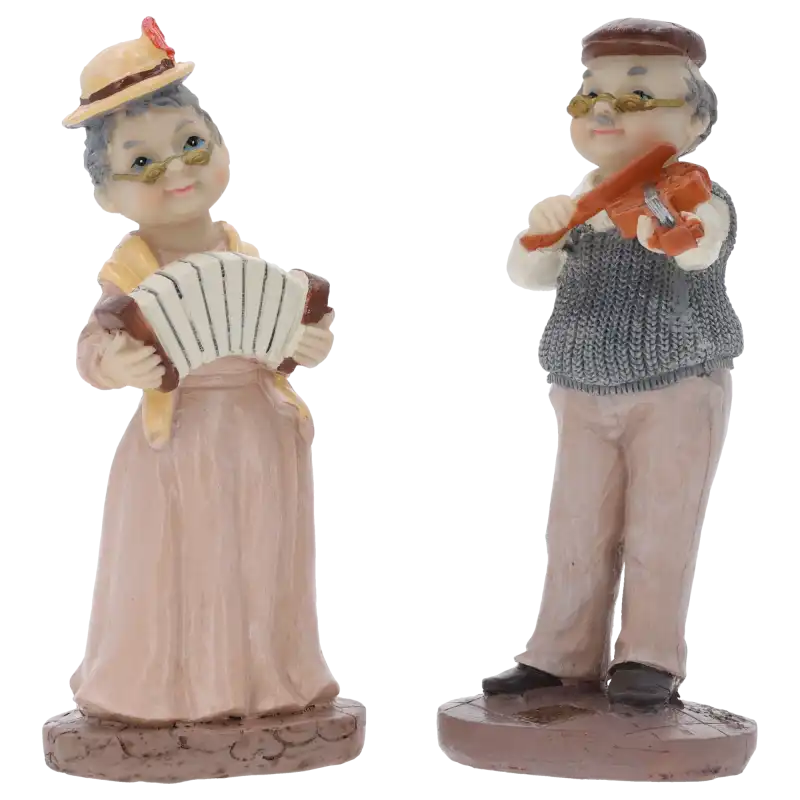 Komplet 2 figurek babcia i dziadek o wysokości 17 cm, przedstawiających seniorów grających na akordeonie i skrzypcach.