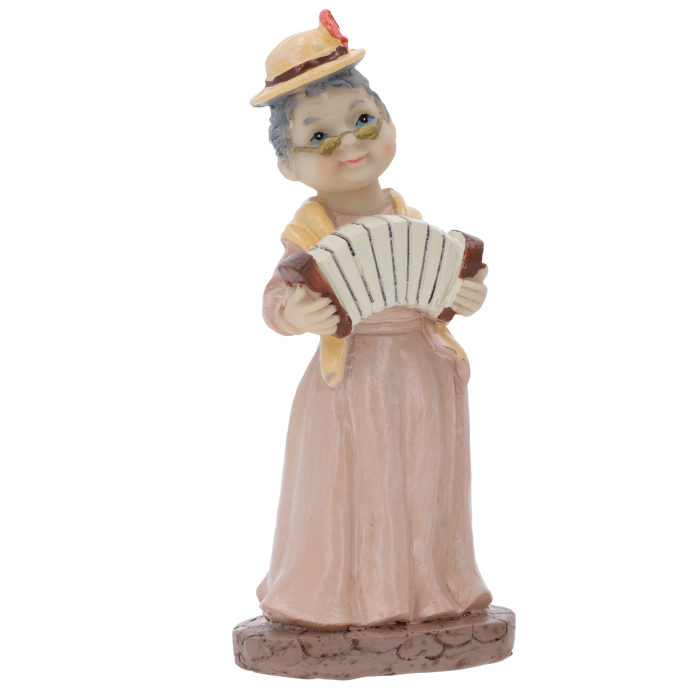 Dekoracyjna figurka babcia z harmonią o wysokości 17 cm wykonana z tworzywa. Sentymentalna ozdoba w kapeluszu i okularach.