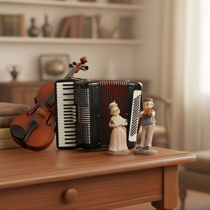 Figurka babci grającej na harmonii prezentowana w aranżacji obok skrzypiec i instrumentu na drewnianym stole.